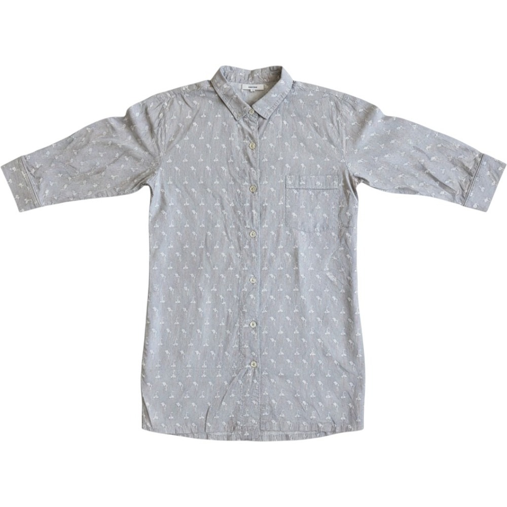 Marigot Dove Gray Flamingo Print Cotton Long Sleeve Nightshirt Sleep Shirt S